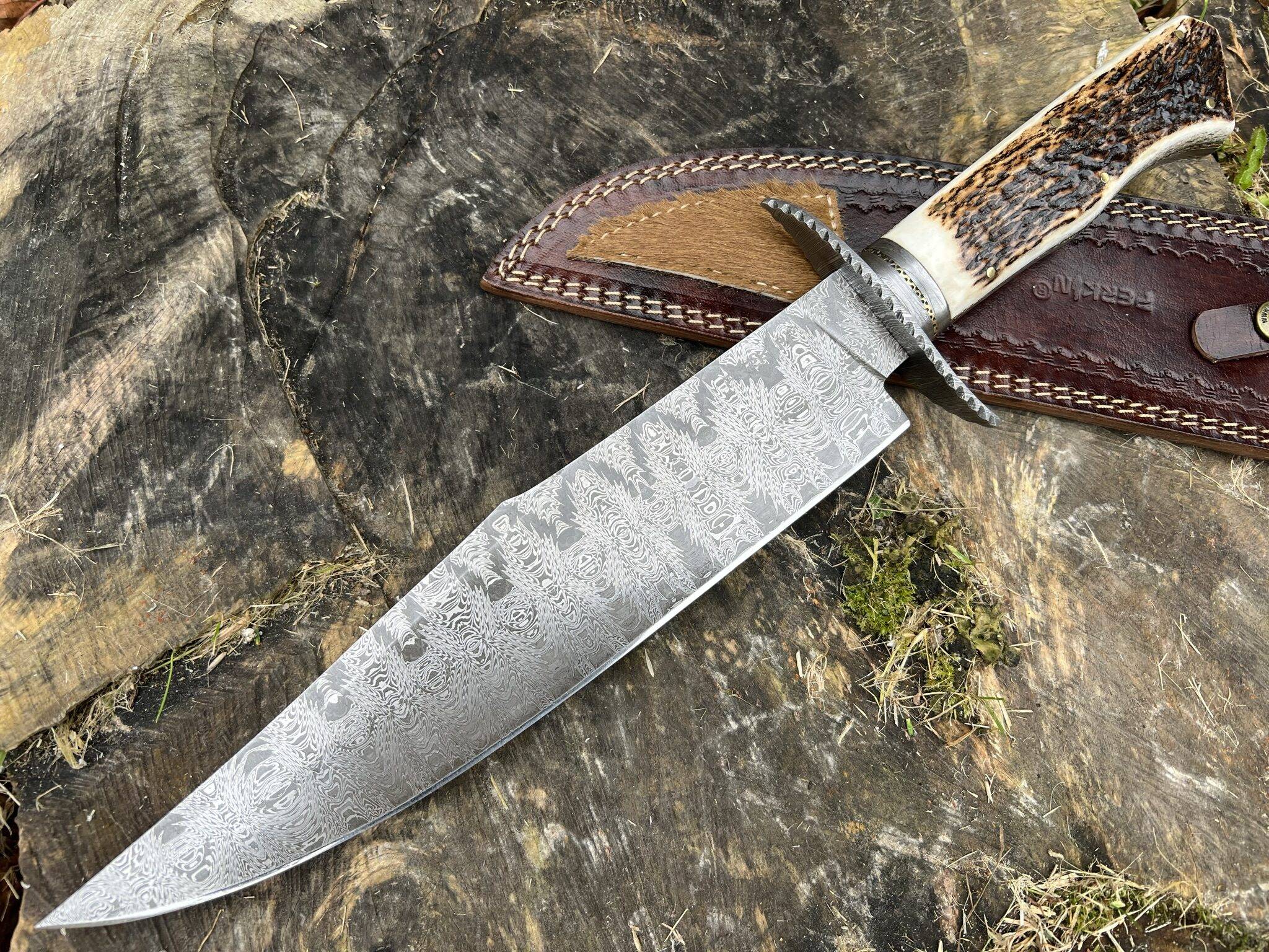 Fixed Blade Hunting Knife Bowie Knife Handmade Deer Antler Handle Unique Pattern One Kind of Handcrafted Hunting Knife