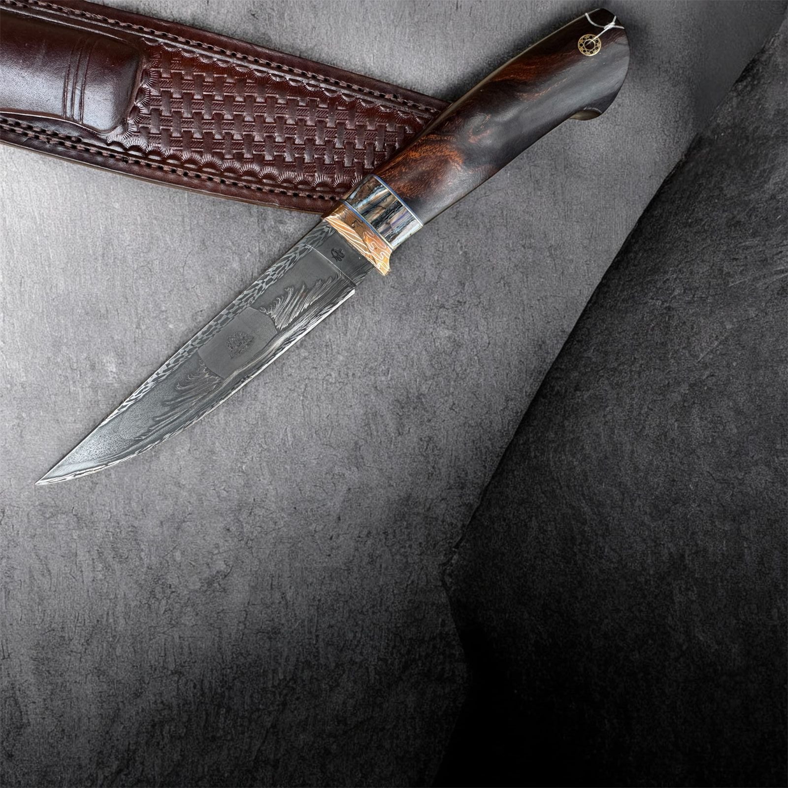Handmade Fixed Blade Hunting Knife Mosaic Damascus Steel from Russia
