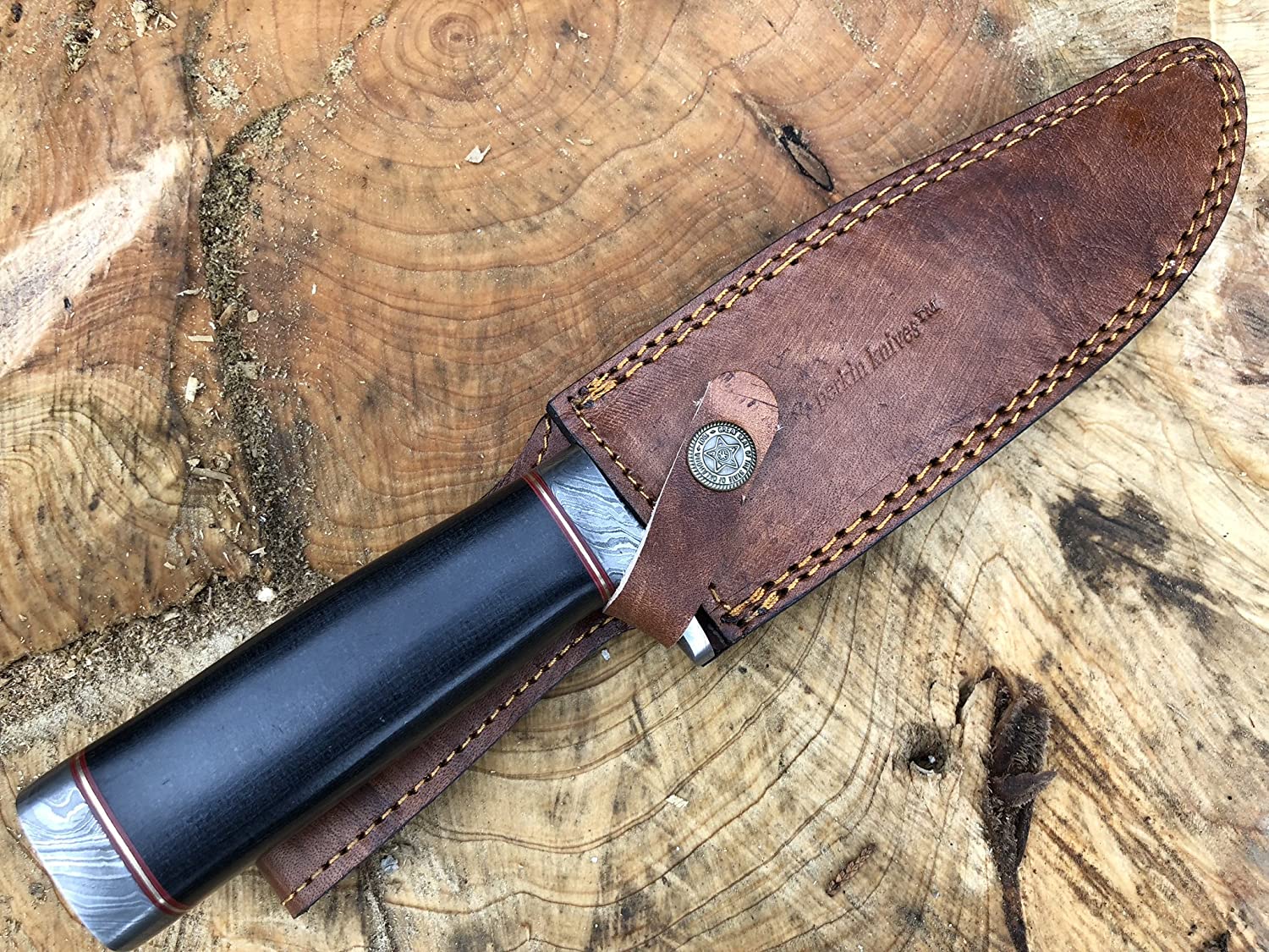 Perkin Knives Damascus Knife Fixed Blade Knife with Sheath - BHDS