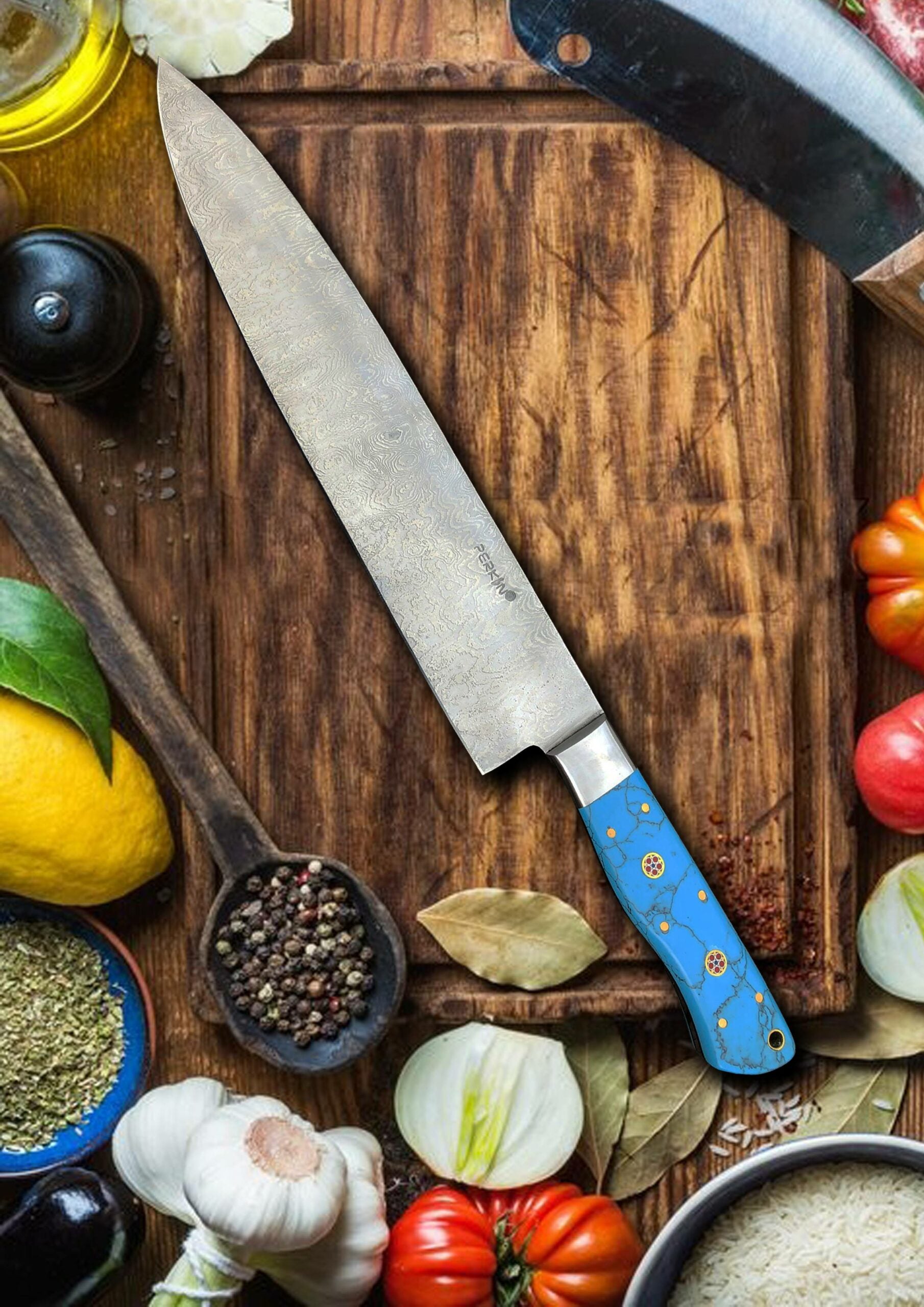 Professional Chef Knife with Stainless Damascus Steel & Turquoise Handle