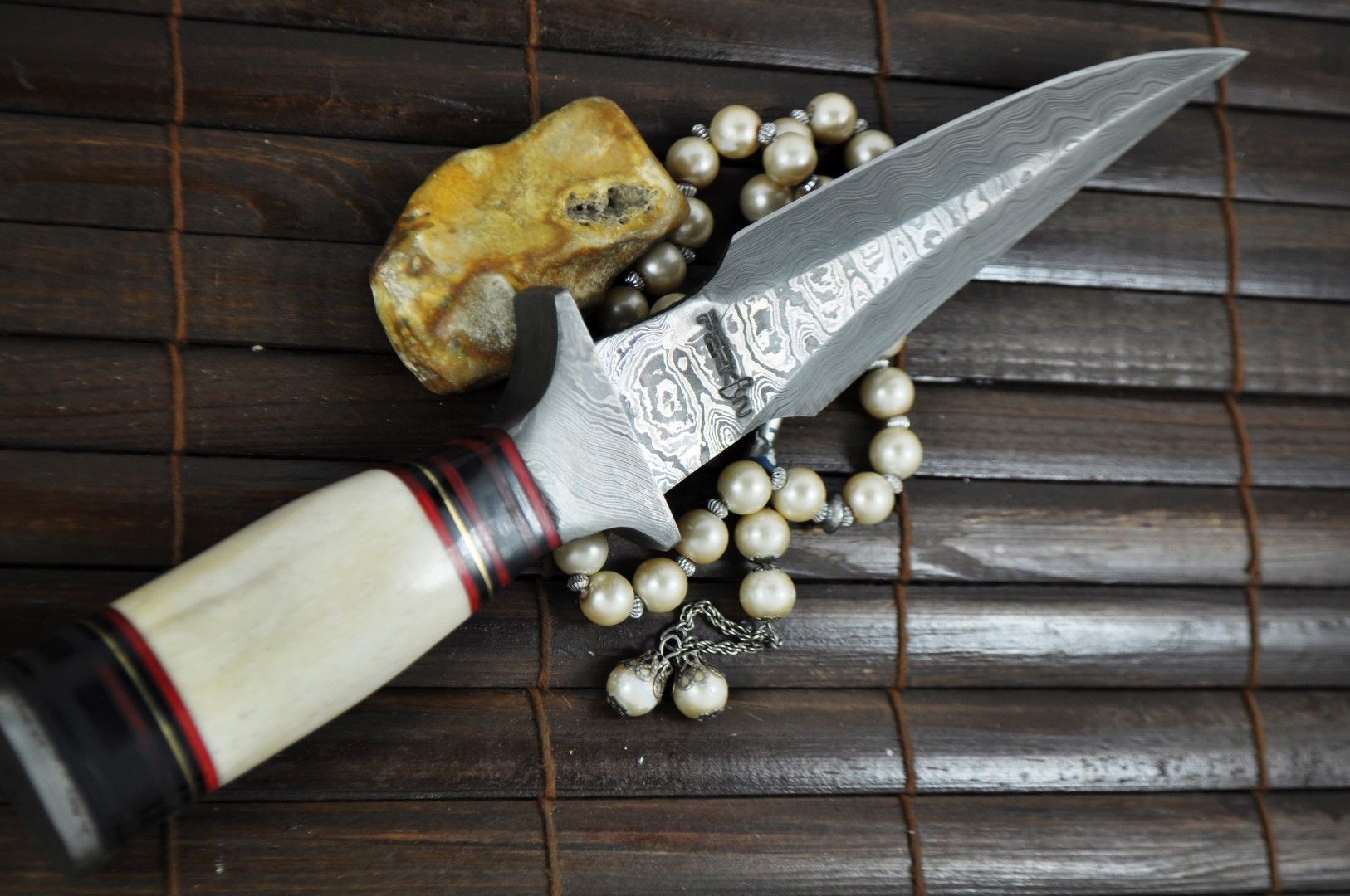 Handmade Damascus Hunting Knife with Bone & Wood Handle