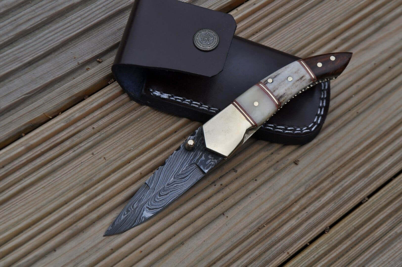 Custom Made Damascus Folding Knife With Bone, Stag & Wood In Handle