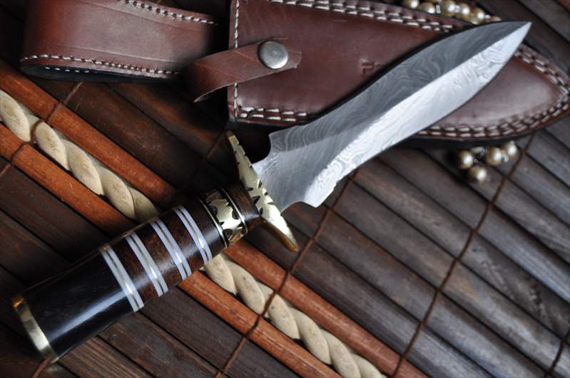 Damascus Double Edge Hunting Knife with Pear Wood & Buffalo Horn handle