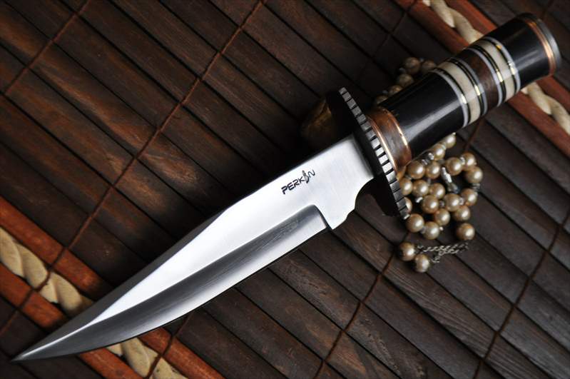 440c Steel Bowie Knife With Buffalo Horn, Walnut Wood & Camel Bone Handle