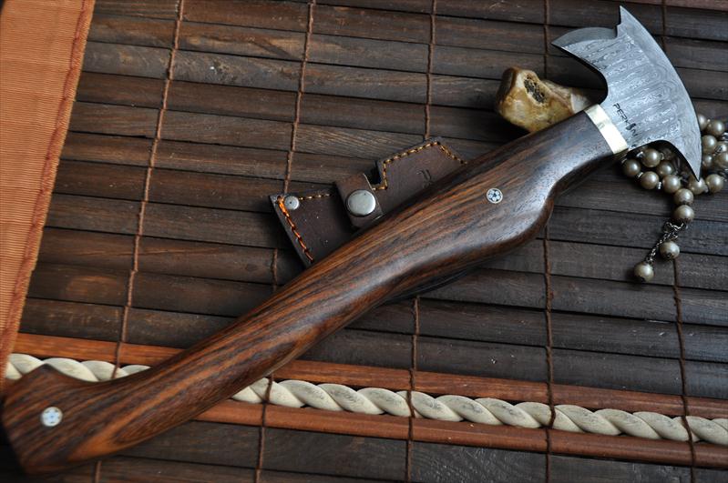 Handmade Damascus Axe with Burl Wood Mosaic Pins Handle