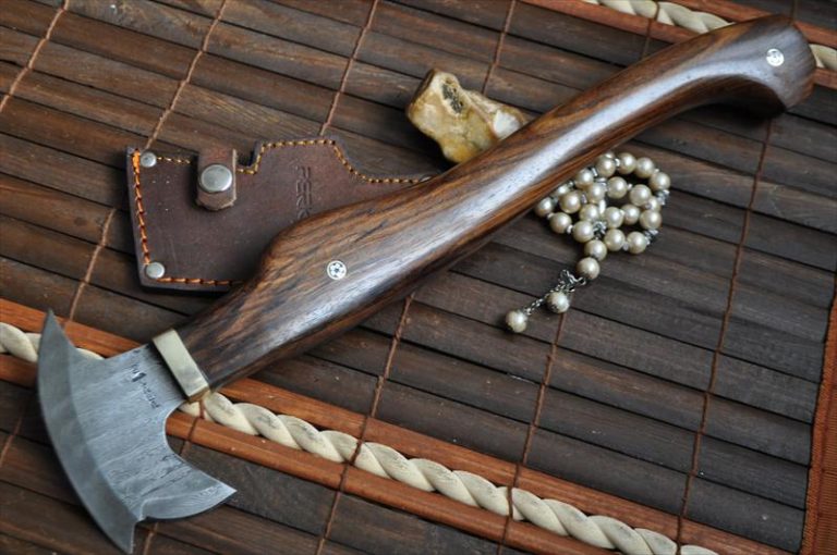 Handmade Damascus Axe with Burl Wood Mosaic Pins Handle