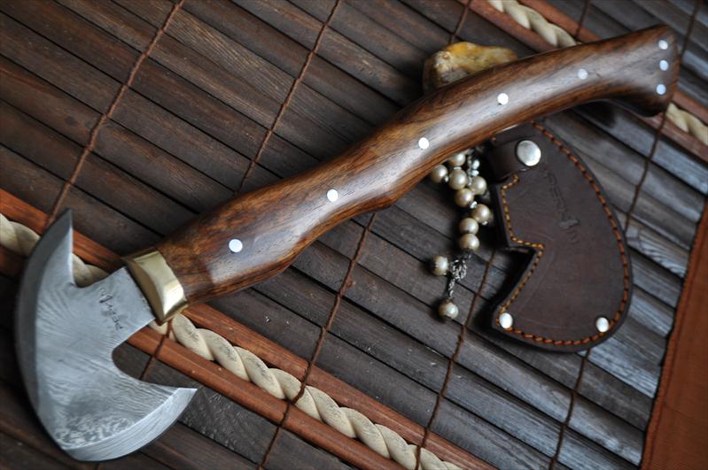 Handmade Damascus Axe with Burl Wood & Silver Pins Handle