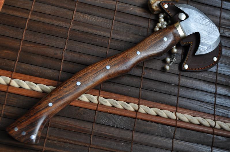 Handmade Damascus Axe with Burl Wood & Silver Pins Handle